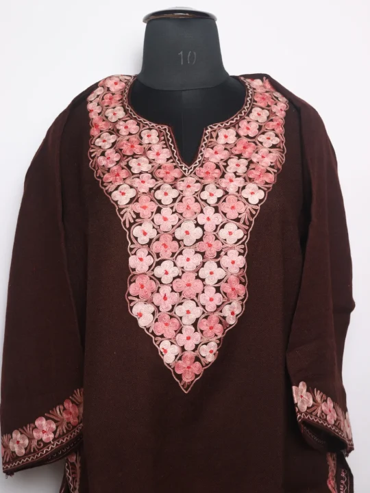 Shazia Kashmiri Pheran Set With Trouser In Raffal Wool With Aari Embroidery | Brown - Image 2