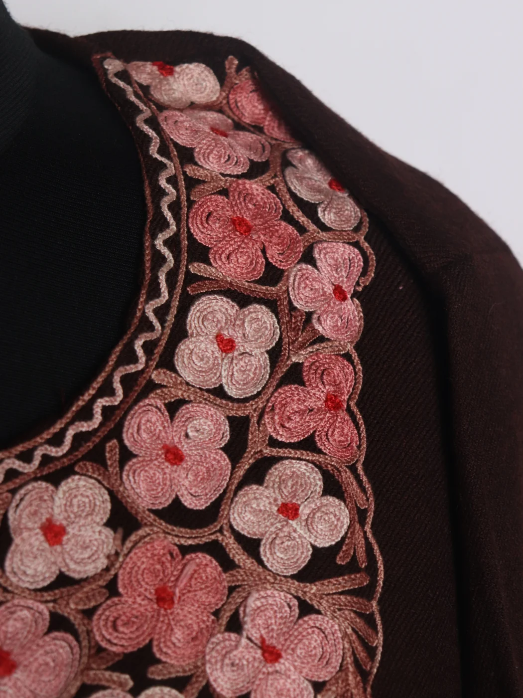 Shazia Kashmiri Pheran Set With Trouser In Raffal Wool With Aari Embroidery | Brown - Image 3
