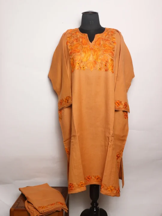 Nilofer Kashmiri Pheran Set With Trouser In Raffal Wool With Aari Embroidery | Camel Brown