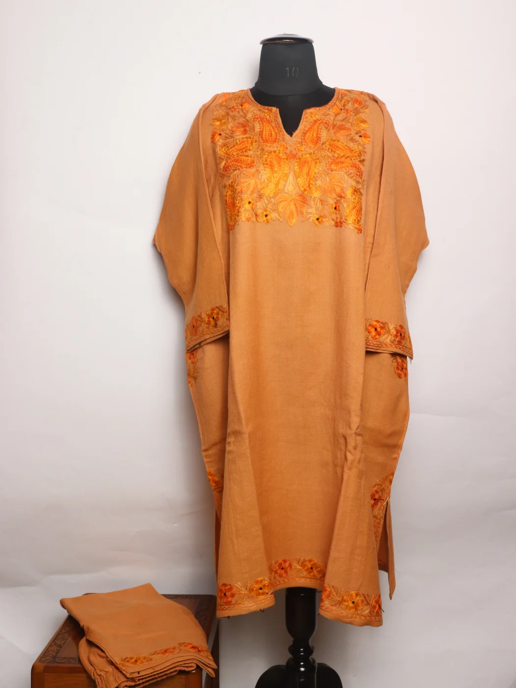 Nilofer Kashmiri Pheran Set With Trouser In Raffal Wool With Aari Embroidery | Camel Brown