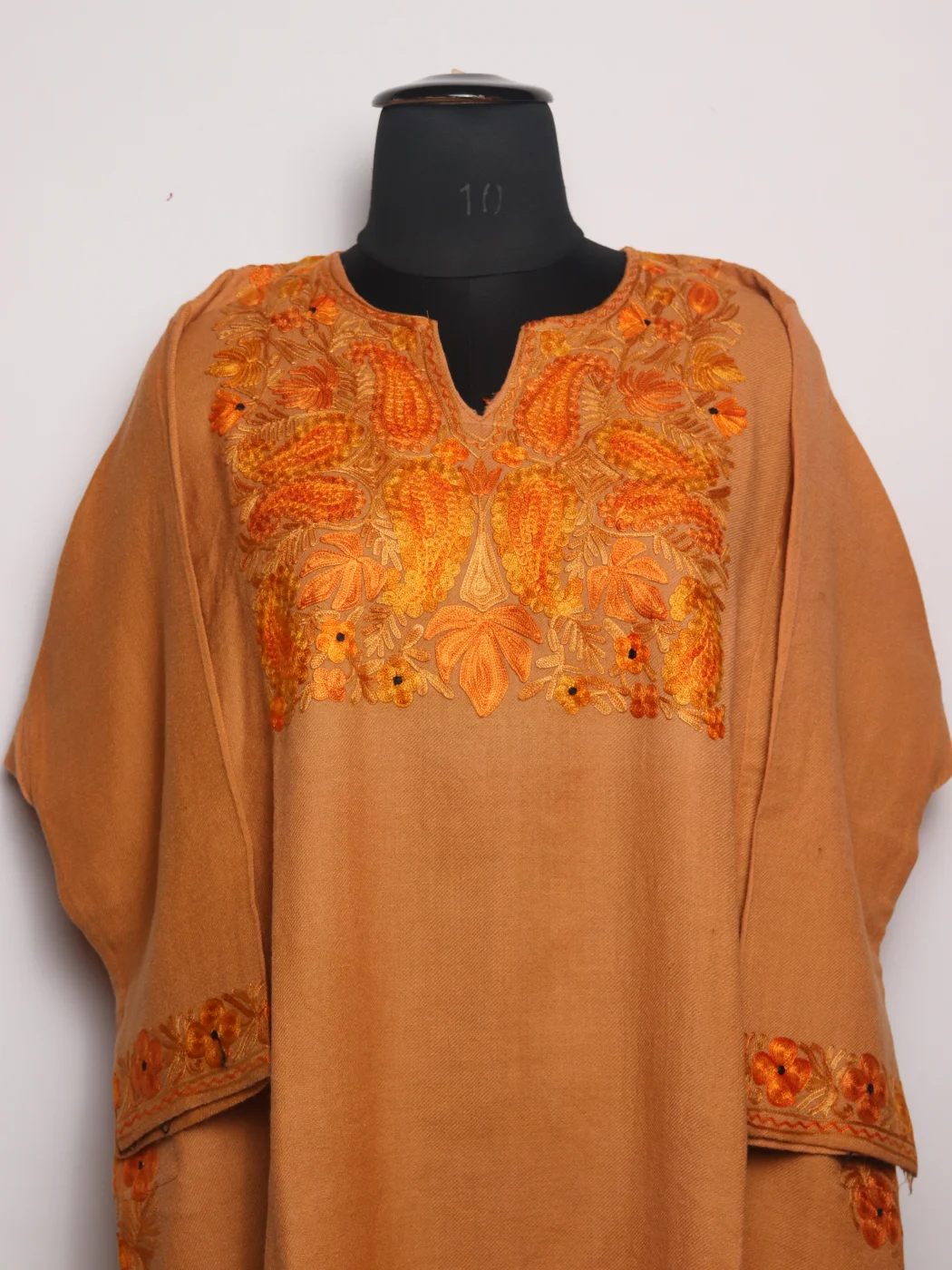 Nilofer Kashmiri Pheran Set With Trouser In Raffal Wool With Aari Embroidery | Camel Brown - Image 2