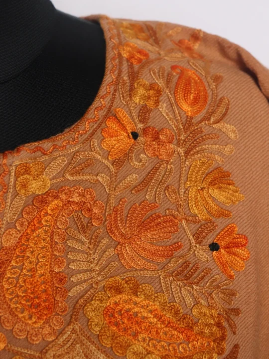 Nilofer Kashmiri Pheran Set With Trouser In Raffal Wool With Aari Embroidery | Camel Brown - Image 3