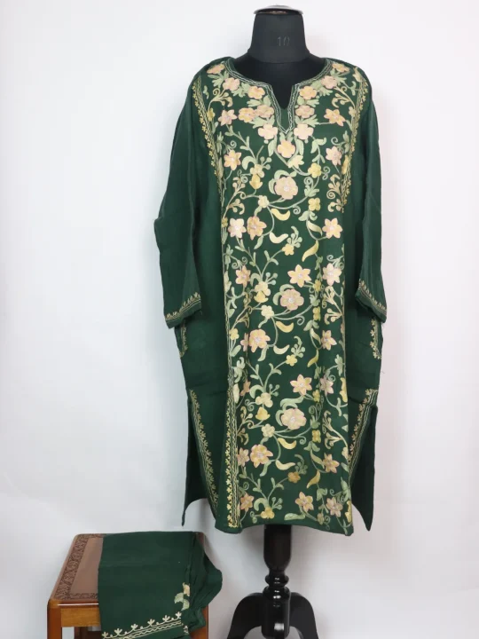Kashmiri Pheran Set in Dark Green Raffal Wool With Half Jaal Aari Embroidery | Bazila