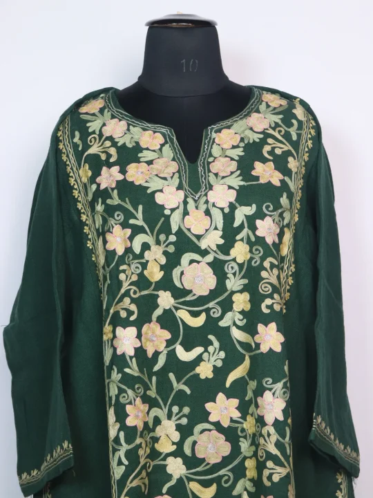 Kashmiri Pheran Set in Dark Green Raffal Wool With Half Jaal Aari Embroidery | Bazila - Image 2