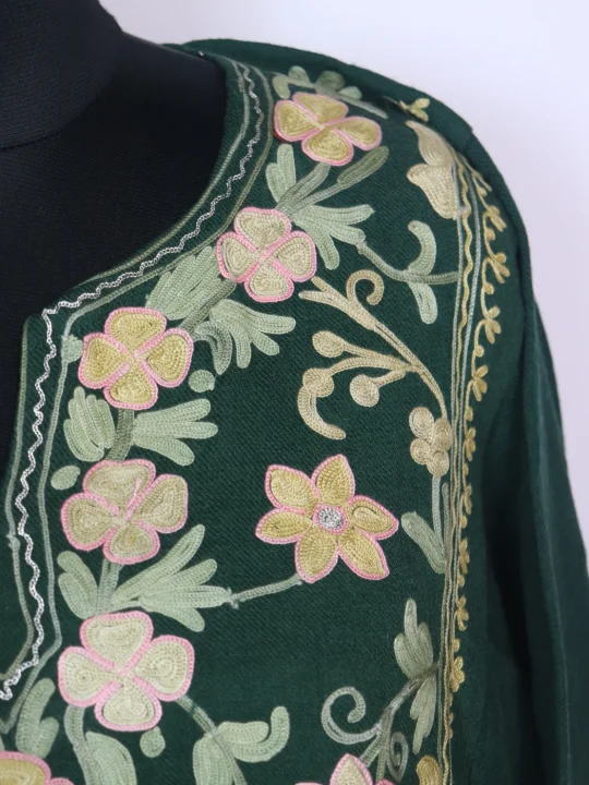 Kashmiri Pheran Set in Dark Green Raffal Wool With Half Jaal Aari Embroidery | Bazila - Image 3