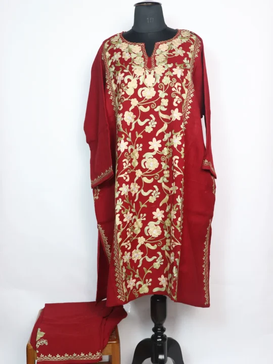 Bazila Kashmiri Pheran Set in Raffal Wool With Half Jaal Aari Embroidery | Maroon