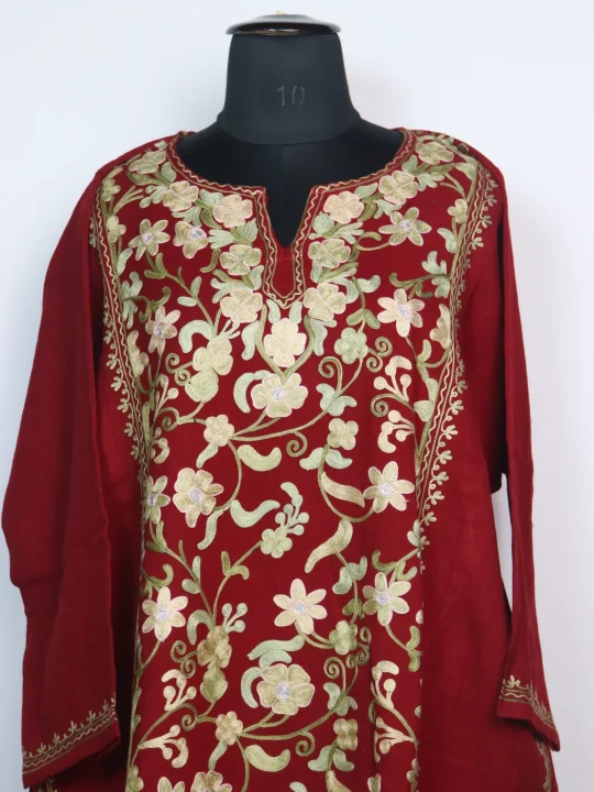 Bazila Kashmiri Pheran Set in Raffal Wool With Half Jaal Aari Embroidery | Maroon - Image 2