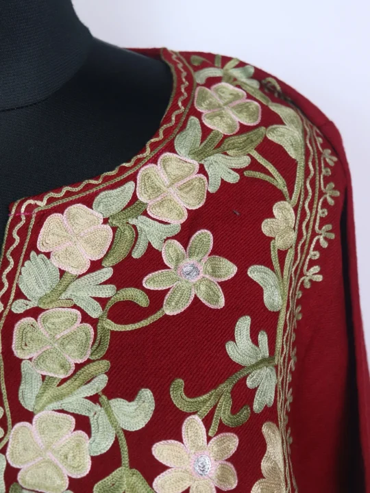 Bazila Kashmiri Pheran Set in Raffal Wool With Half Jaal Aari Embroidery | Maroon - Image 3