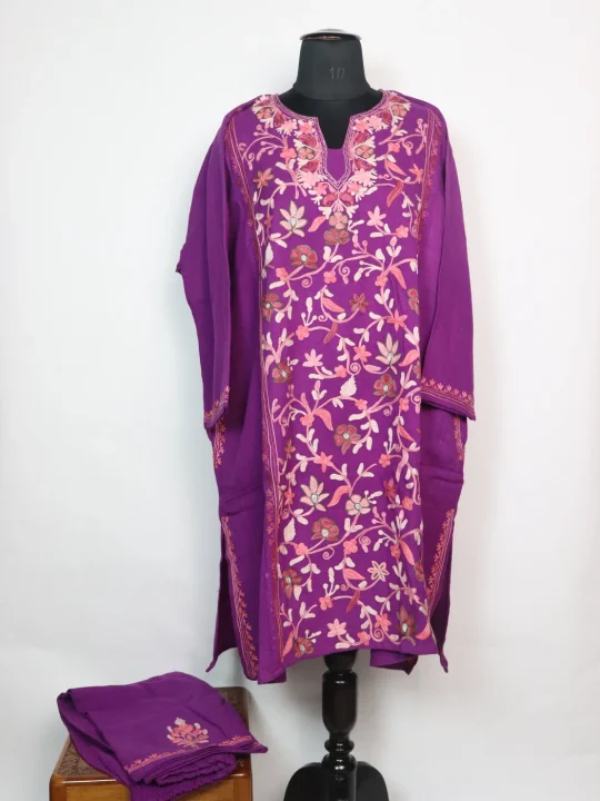 Kashmiri Pheran Set Bazila in Purple Raffal Wool With Half Jaal Aari Embroidery