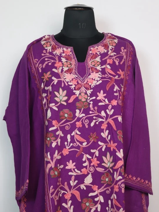 Kashmiri Pheran Set Bazila in Purple Raffal Wool With Half Jaal Aari Embroidery - Image 2