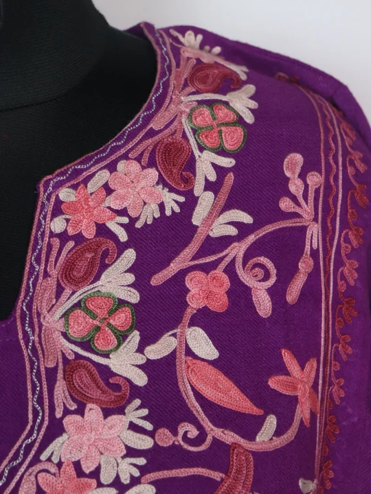 Kashmiri Pheran Set Bazila in Purple Raffal Wool With Half Jaal Aari Embroidery - Image 3