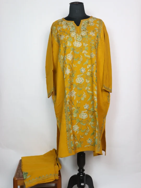Kashmiri Pheran Set in Mustard Yellow Raffal Wool With Half Jaal Aari Embroidery | Bazila