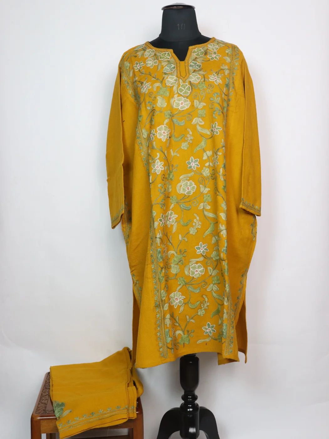 Kashmiri Pheran Set in Mustard Yellow Raffal Wool With Half Jaal Aari Embroidery | Bazila