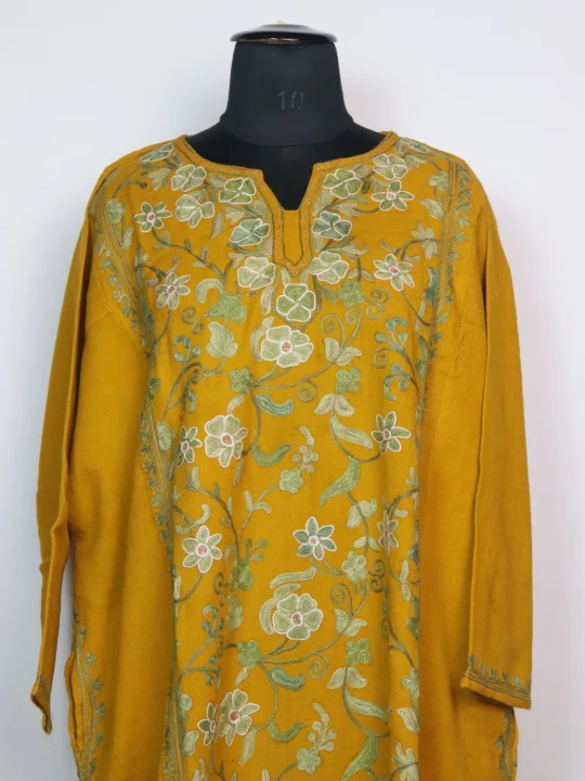Kashmiri Pheran Set in Mustard Yellow Raffal Wool With Half Jaal Aari Embroidery | Bazila - Image 2