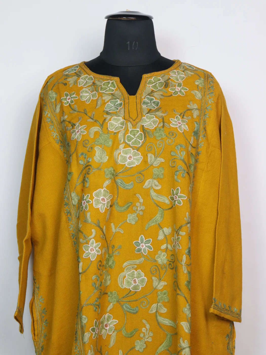 Kashmiri Pheran Set in Mustard Yellow Raffal Wool With Half Jaal Aari Embroidery | Bazila - Image 2