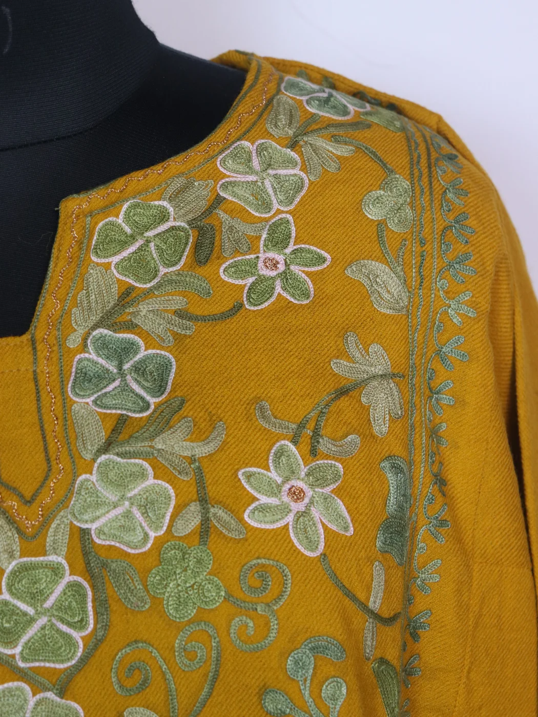 Kashmiri Pheran Set in Mustard Yellow Raffal Wool With Half Jaal Aari Embroidery | Bazila - Image 3