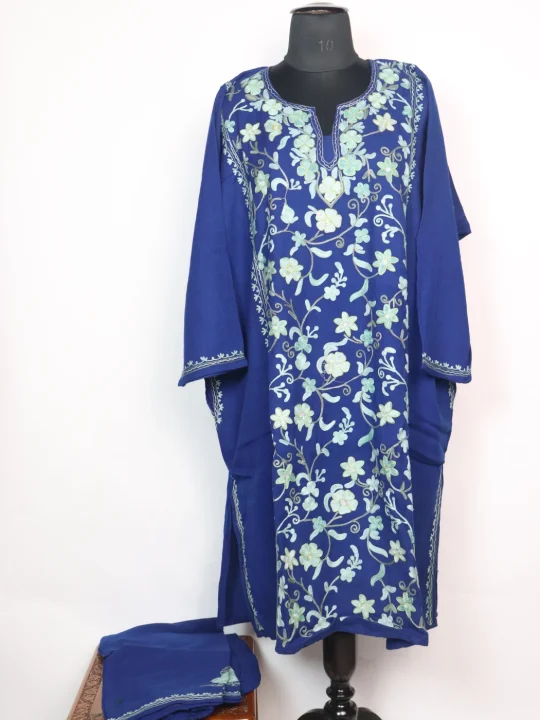 Bazila Kashmiri Pheran Set in Blue Raffal Wool With Half Jaal Aari Embroidery