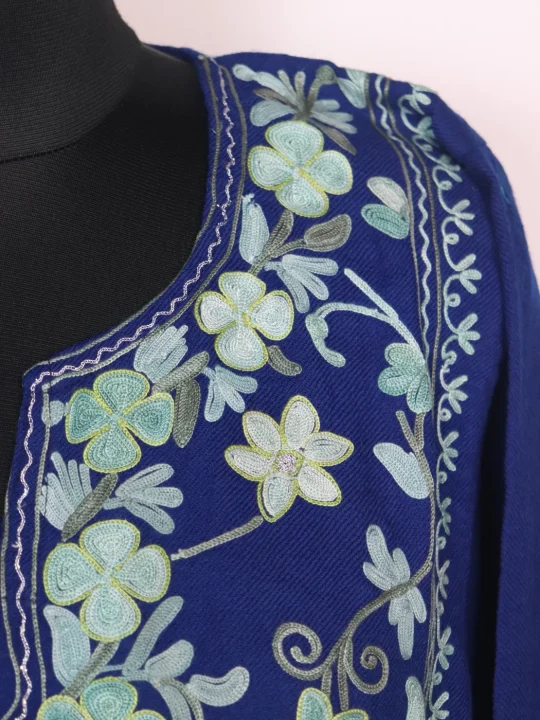 Bazila Kashmiri Pheran Set in Blue Raffal Wool With Half Jaal Aari Embroidery - Image 3