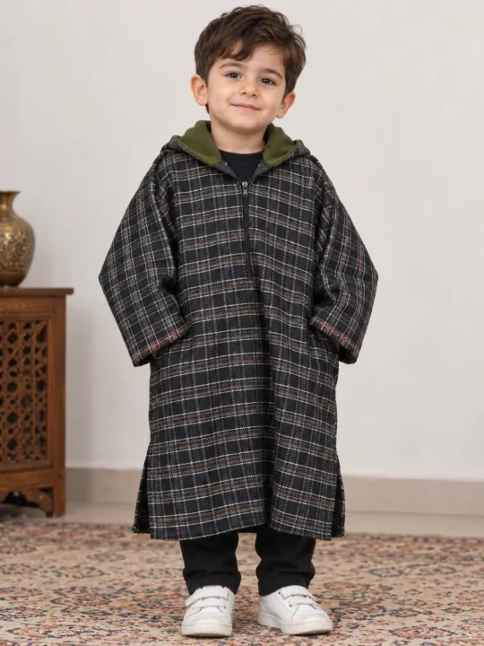 Boys Kashmiri Pheran in Black Tweed Wool With Cap | Unaiz  | 3 to 4Yrs