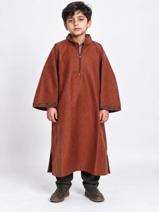 Boys Kashmiri Pheran Unaiz in Rust Brown Tweed Wool | 7 to 8Yrs