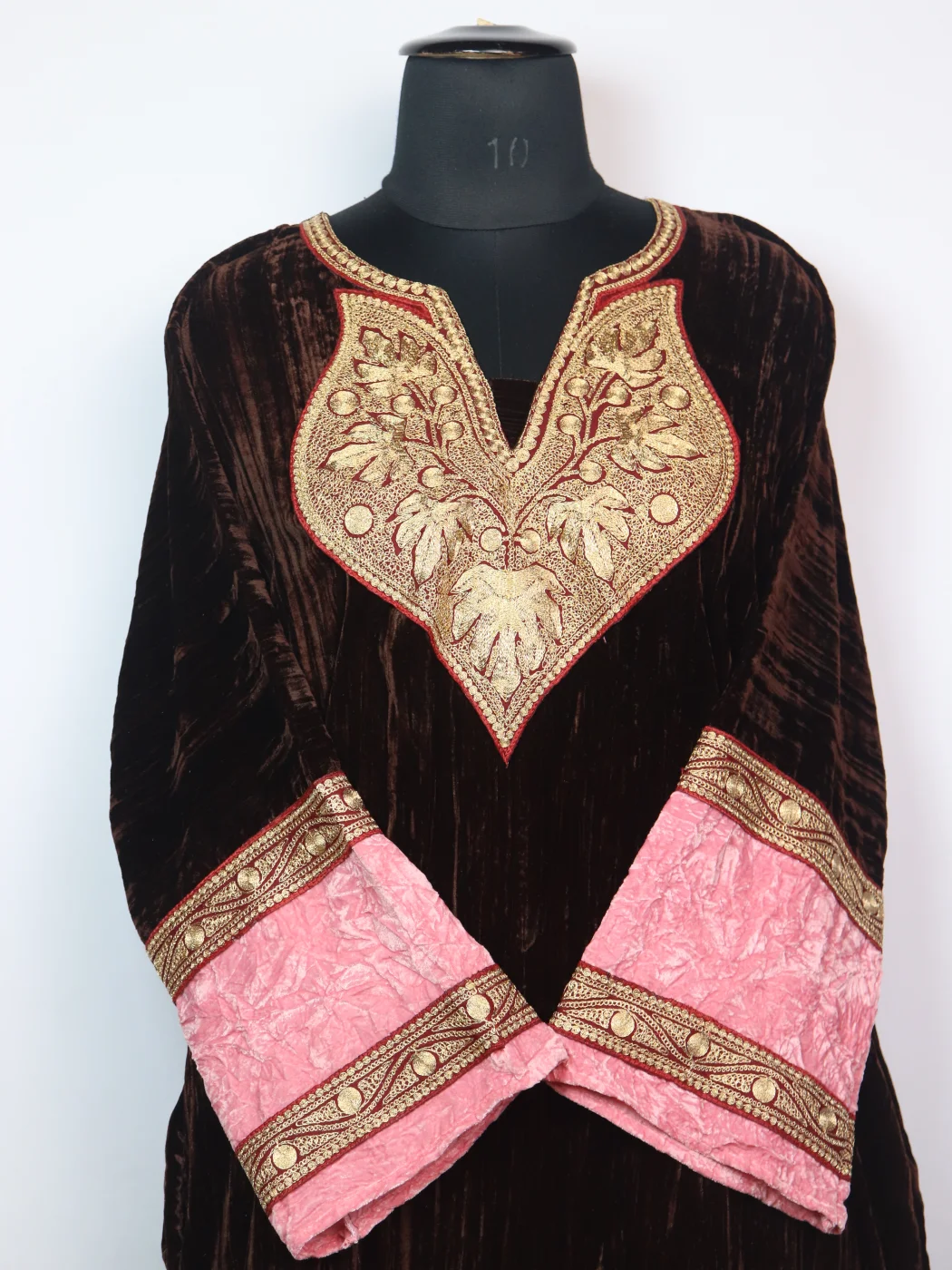 Kashmiri Pheran Ziyaa In Dark Brown Crush Velvet With Tilla Patch - Image 2