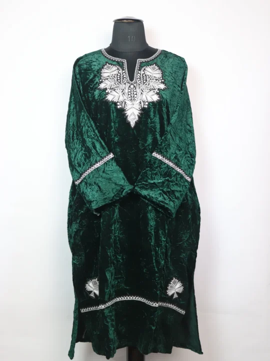 Kashmiri Pheran Ziyaa In Olive Green Crush Velvet With Tilla Patch