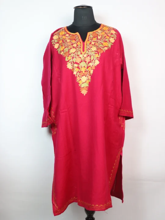 Fariha Kashmiri Pheran in Deep Pink Cashmilon with Aari Embroidery