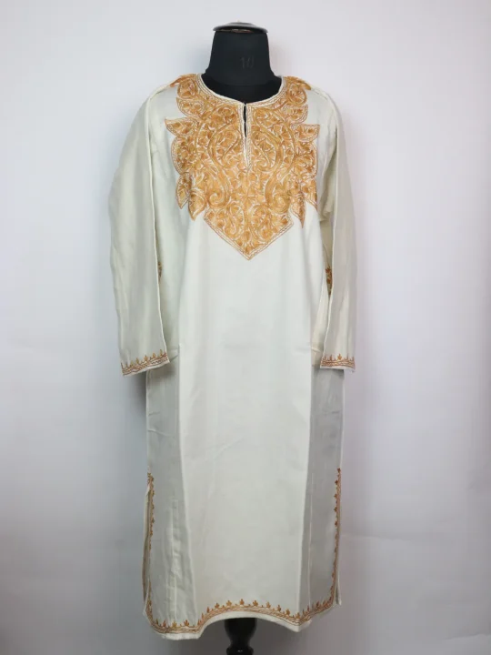 Kashmiri Pheran Afsana in White Cashmilon with Aari Embroidery