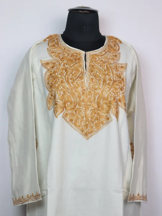 Kashmiri Pheran Afsana in White Cashmilon with Aari Embroidery - Image 2
