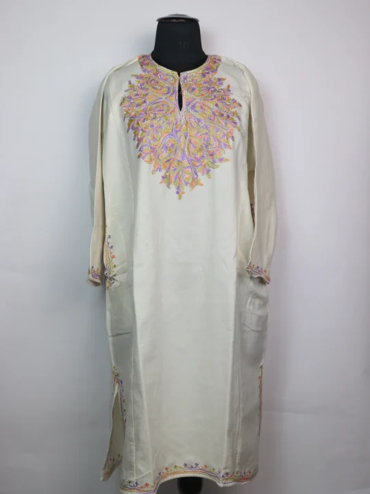 Kashmiri Pheran Tahira in White Cashmilon with Aari Embroidery