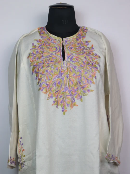 Kashmiri Pheran Tahira in White Cashmilon with Aari Embroidery - Image 2