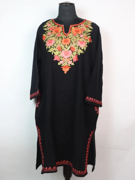 Black Kashmiri Pheran  with Aari Embroidery in Cashmilon  | Wajiha