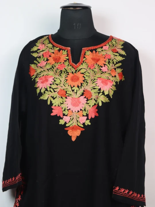 Black Kashmiri Pheran  with Aari Embroidery in Cashmilon  | Wajiha - Image 2