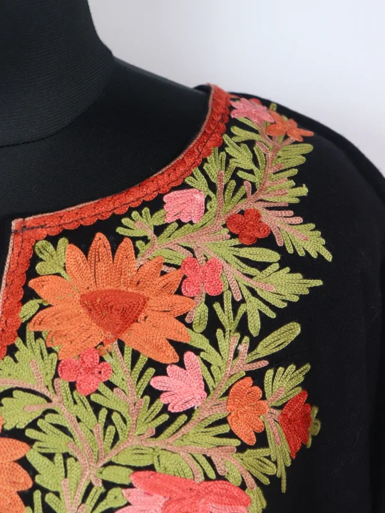 Black Kashmiri Pheran  with Aari Embroidery in Cashmilon  | Wajiha - Image 3