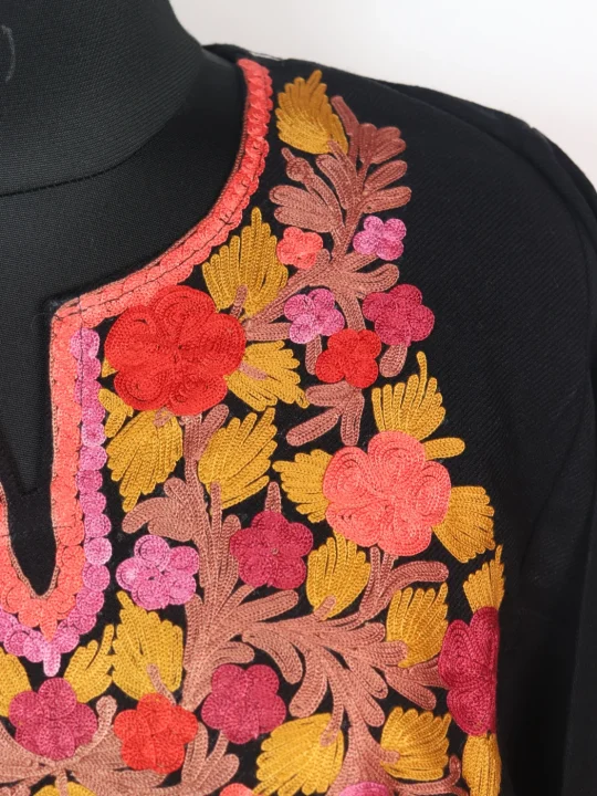 Kashmiri Pheran Nuzhat with Aari Embroidery in Black Cashmilon - Image 3