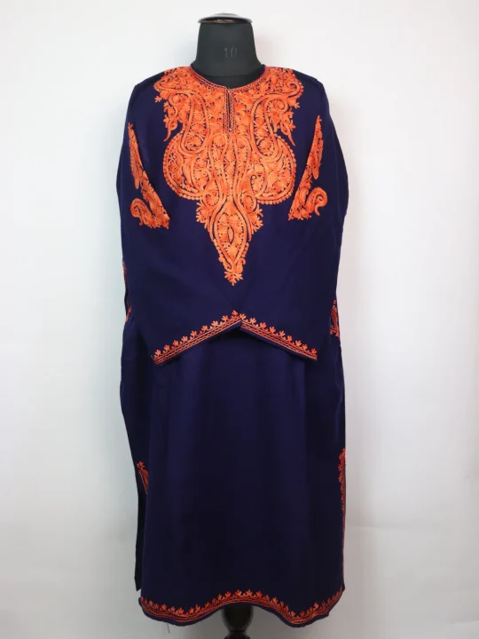 Kashmiri Cashmilon Pheran Munaza with Sleeve Boothi Aari Embroidery in Navy Blue