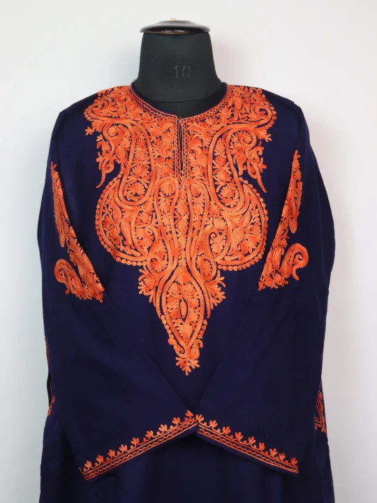 Kashmiri Cashmilon Pheran Munaza with Sleeve Boothi Aari Embroidery in Navy Blue - Image 2