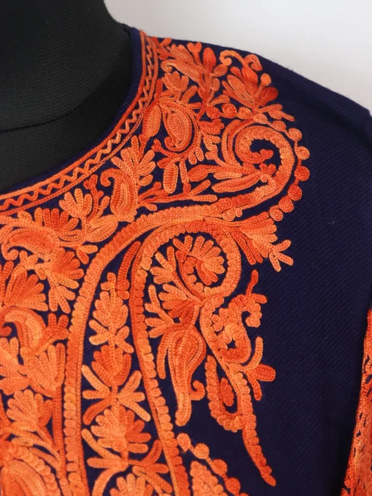 Kashmiri Cashmilon Pheran Munaza with Sleeve Boothi Aari Embroidery in Navy Blue - Image 3