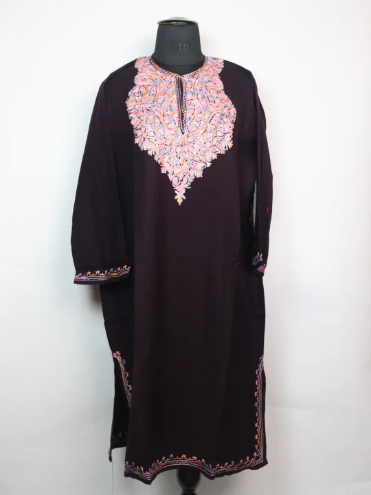 Rukhsana Kashmiri Pheran in Cashmilon with Aari Embroidery | Dark Brown