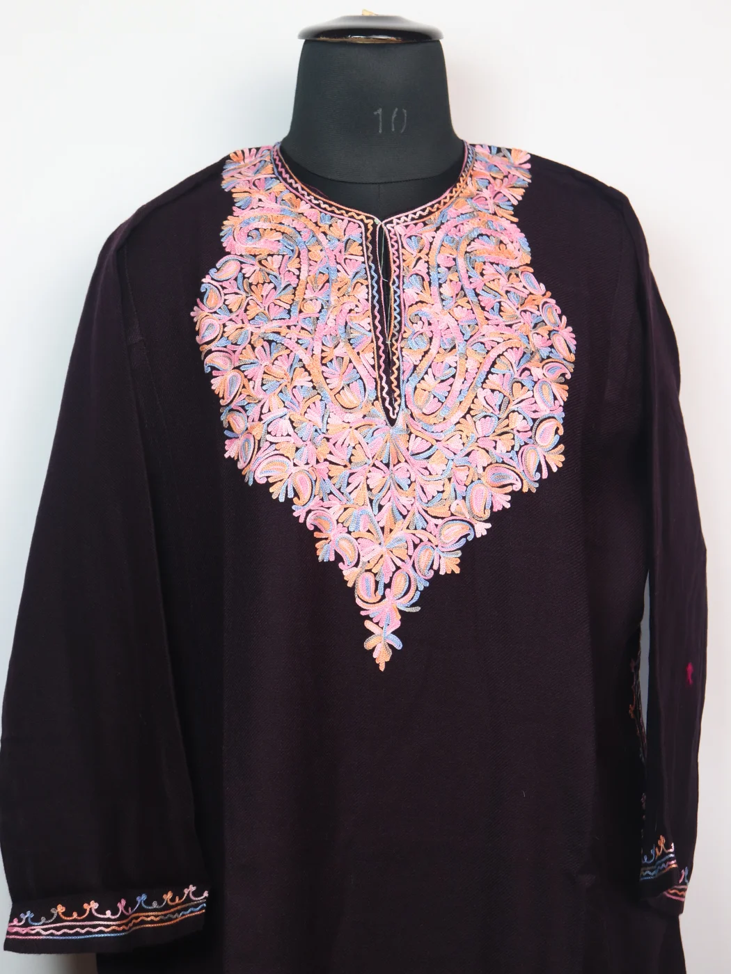 Rukhsana Kashmiri Pheran in Cashmilon with Aari Embroidery | Dark Brown - Image 2