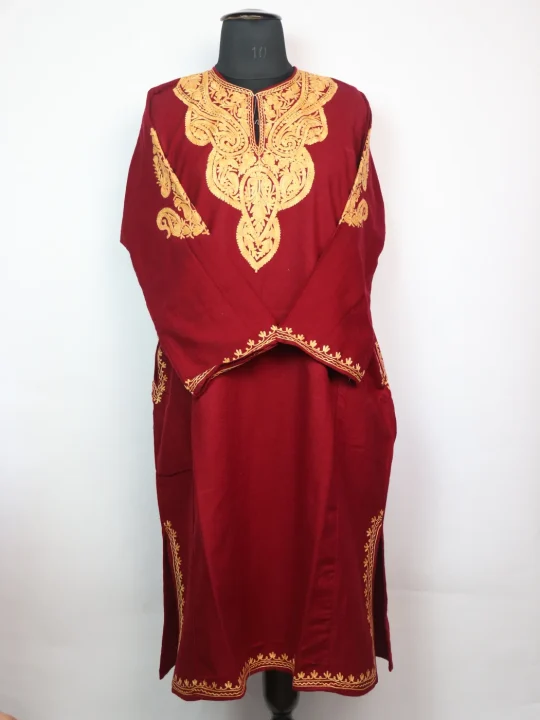 Maroon Kashmiri Pheran in Cashmilon with Sleeve Boothi Aari Work | Munaza