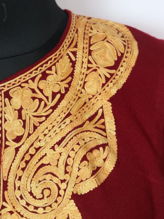 Maroon Kashmiri Pheran in Cashmilon with Sleeve Boothi Aari Work | Munaza - Image 3