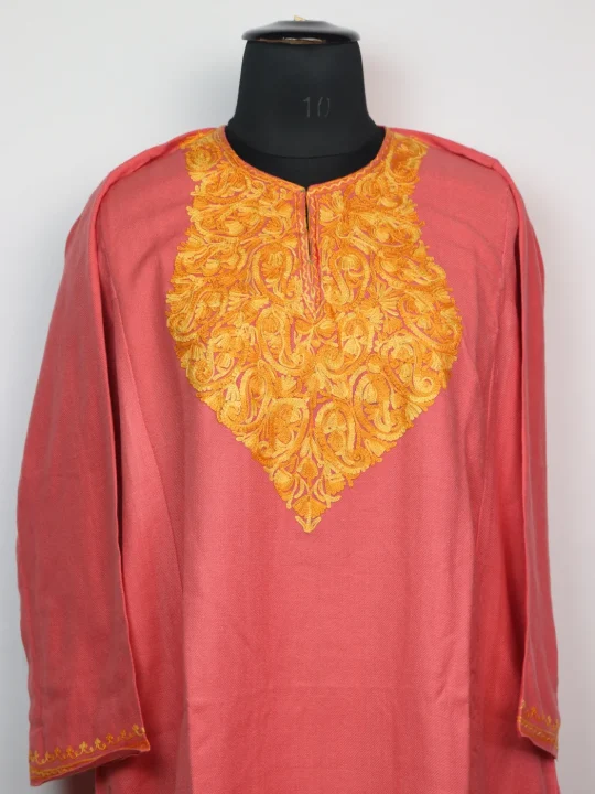 Yumna Kashmiri Pheran in Cashmilon with Aari Embroidery | Pink - Image 2