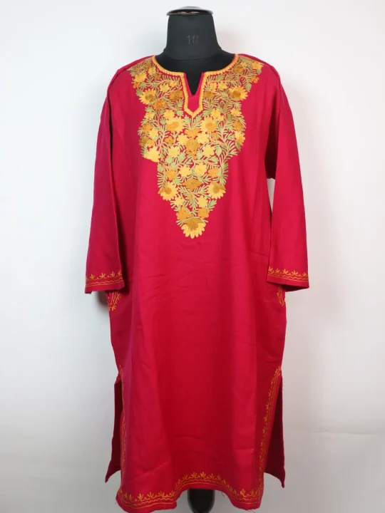 Rani Kashmiri Pheran With Aari Embroidery in Cashmilon | Pink