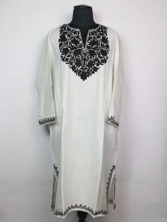 Kashmiri Pheran Ruqaiya in White Cashmilon with Aari Embroidery