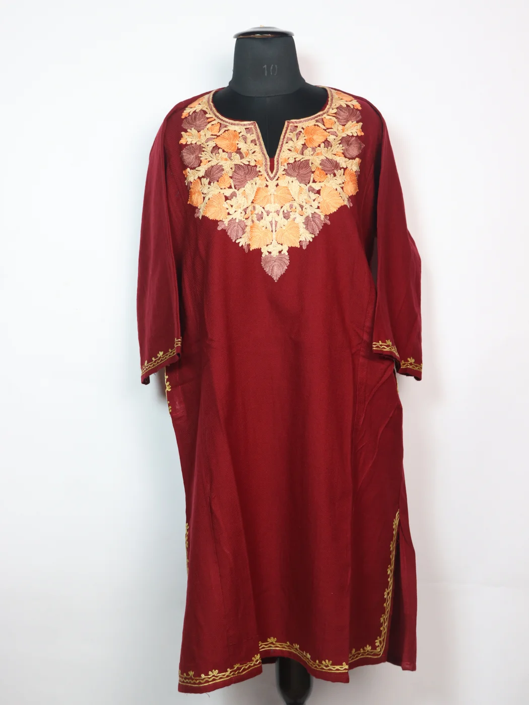 Gulrukh Kashmiri Pheran with Aari Embroidery in Maroon Cashmilon