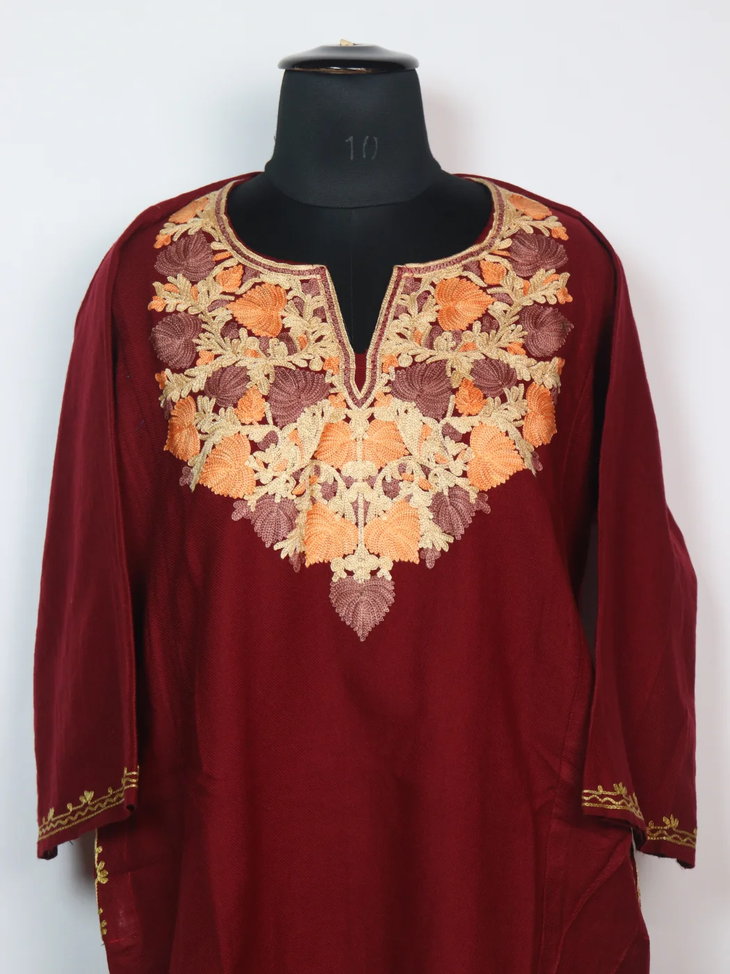 Gulrukh Kashmiri Pheran with Aari Embroidery in Maroon Cashmilon - Image 2