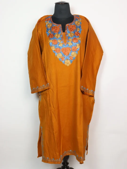 Adeeba Kashmiri Pheran in Cashmilon with Aari Embroidery | Yellow