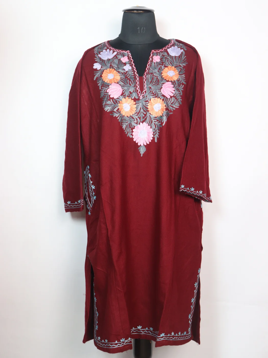Sayara Kashmiri Pheran in Maroon Cashmilon with Aari Embroidery