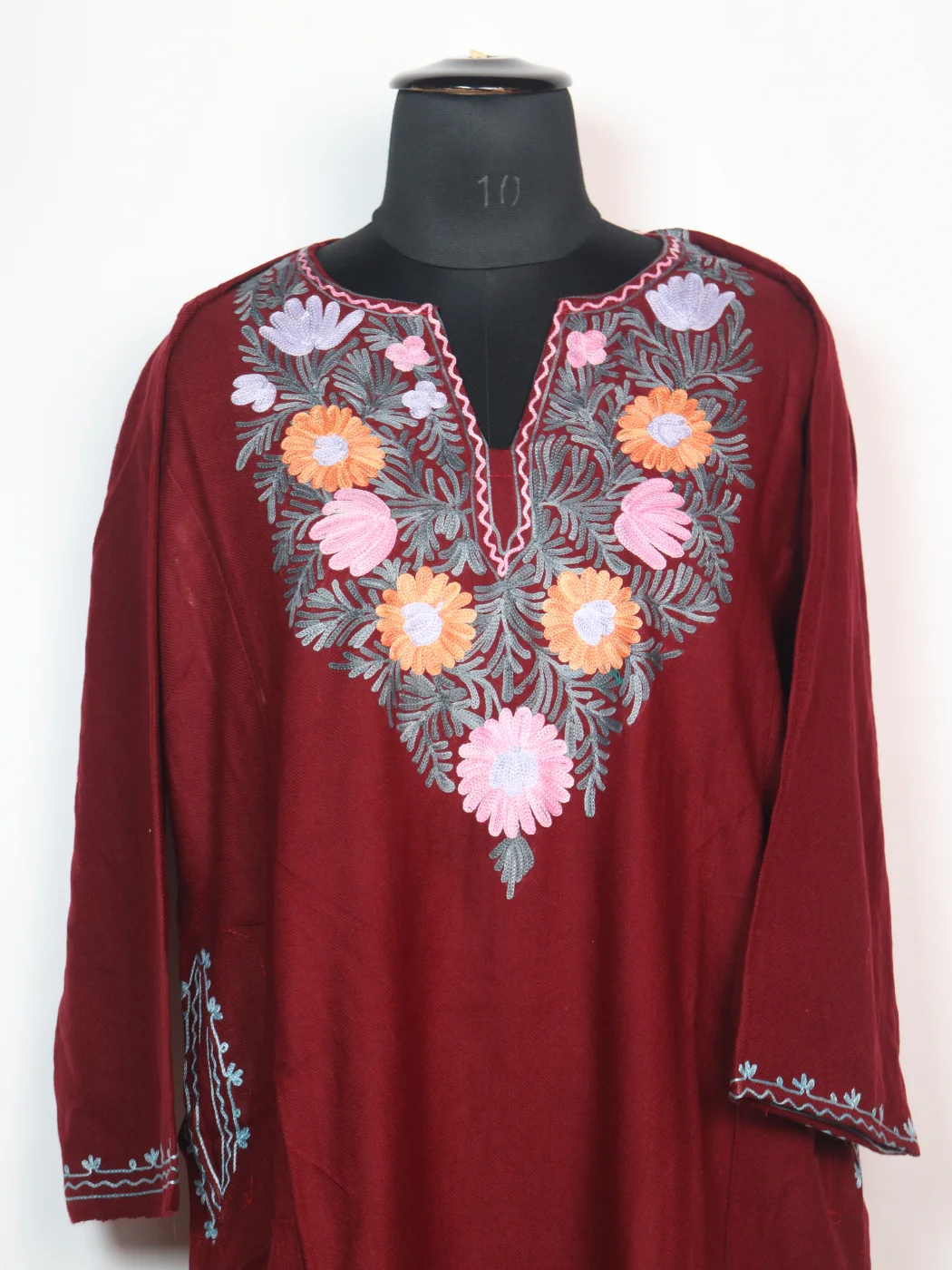 Sayara Kashmiri Pheran in Maroon Cashmilon with Aari Embroidery - Image 2